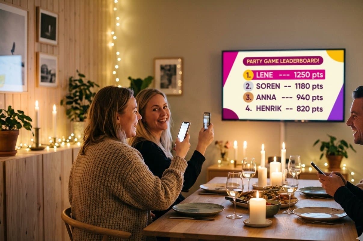 Friends at dinner playing a party game — the standings on the TV while everyone has a phone in hand.