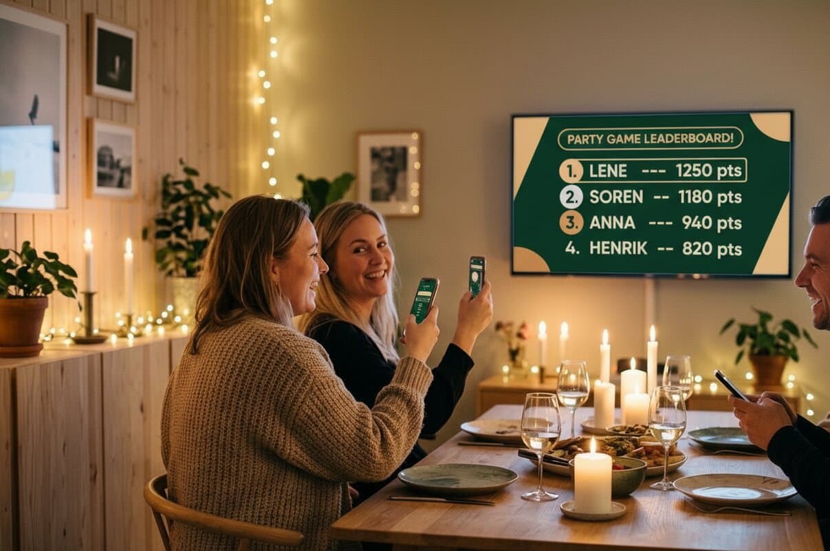 Friends at dinner playing a party game — the standings on the TV while everyone has a phone in hand.