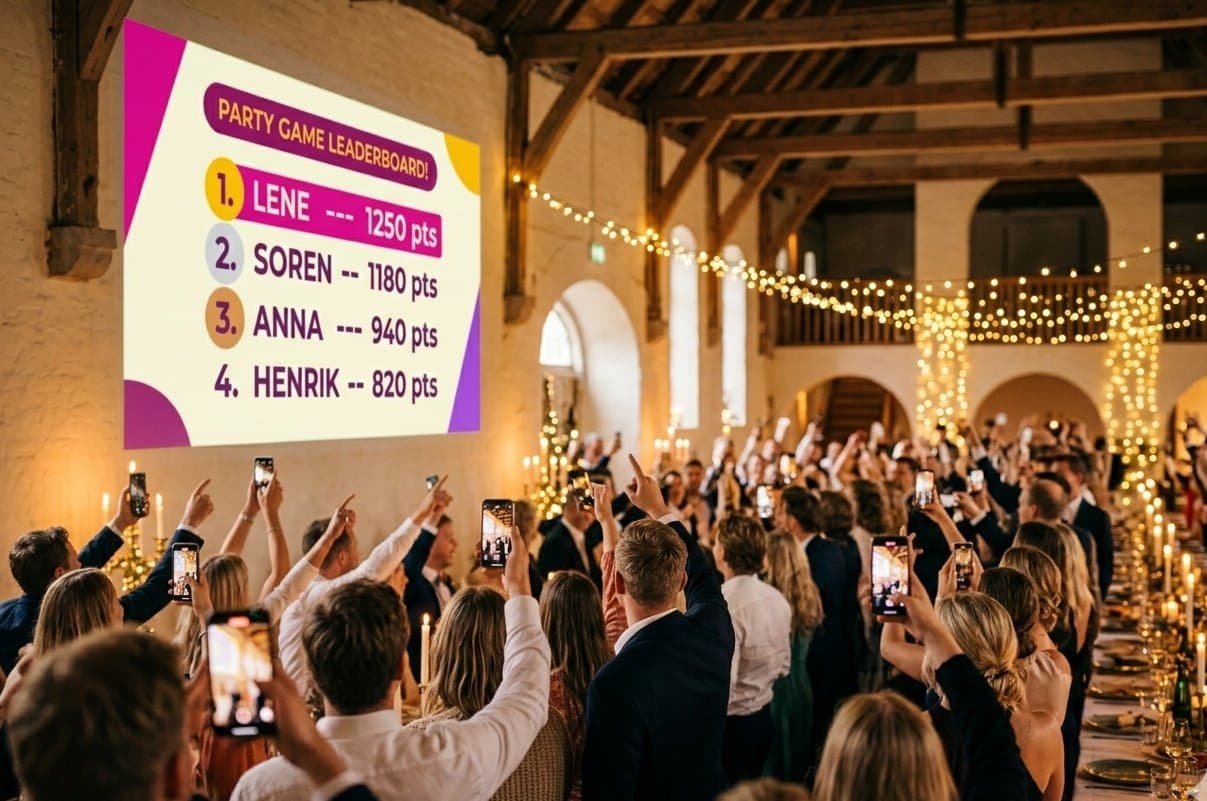 A big party with the game standings projected on the wall as guests cheer with phones raised.