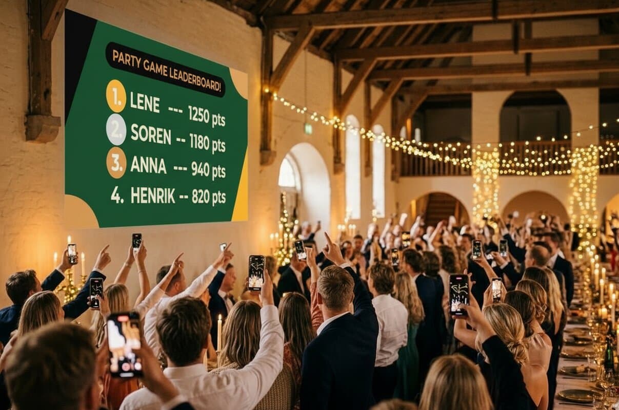 A big party with the game standings projected on the wall as guests cheer with phones raised.