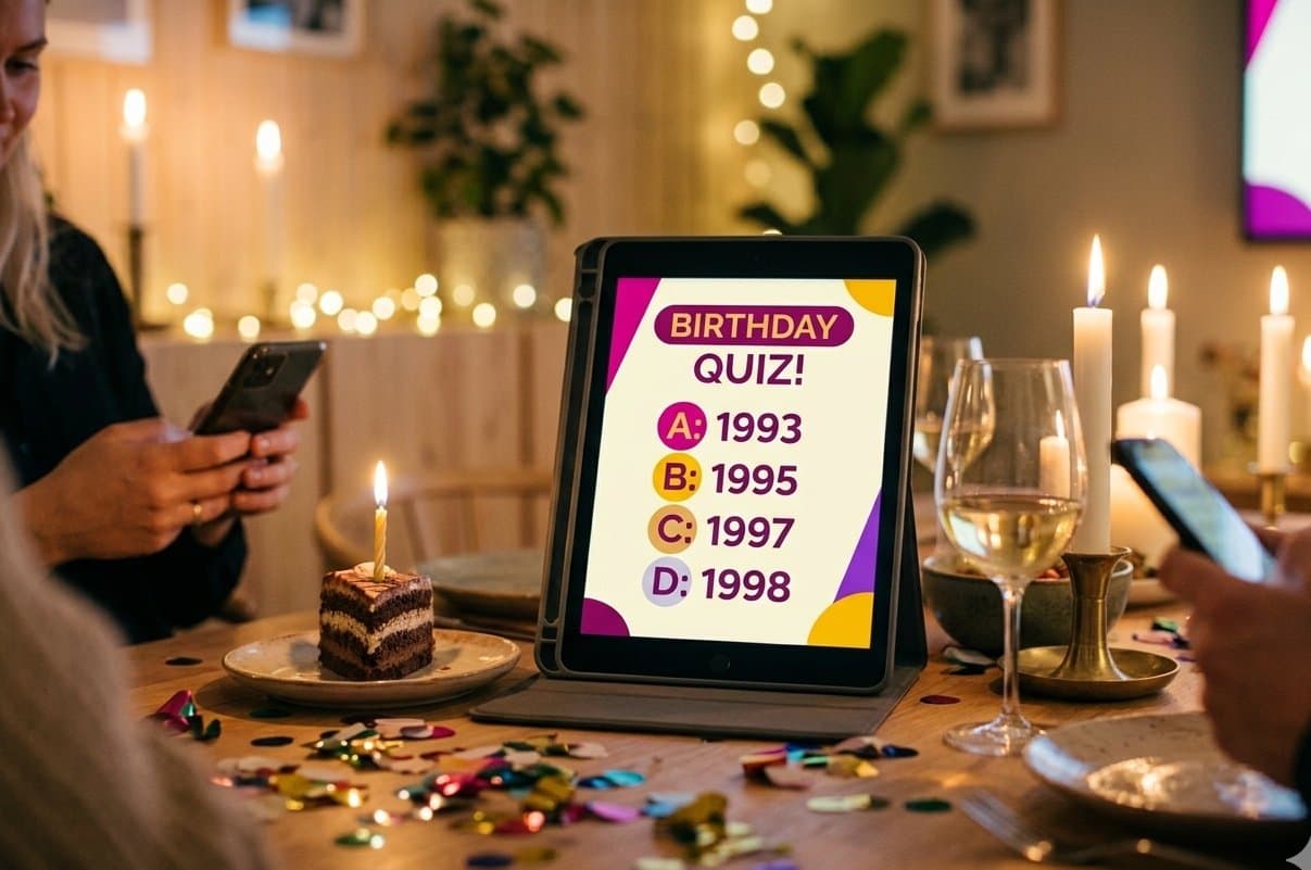 An iPad in the middle of the table shows a birthday quiz while guests answer from their own phones.