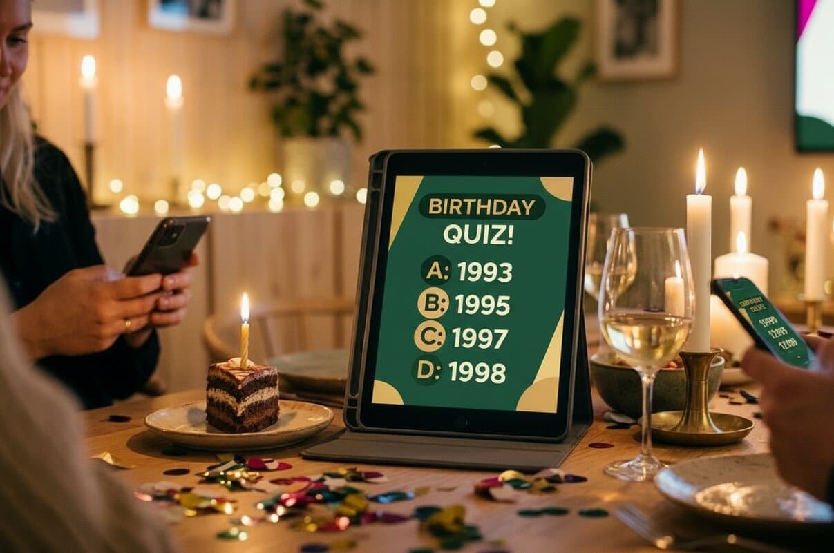 An iPad in the middle of the table shows a birthday quiz while guests answer from their own phones.