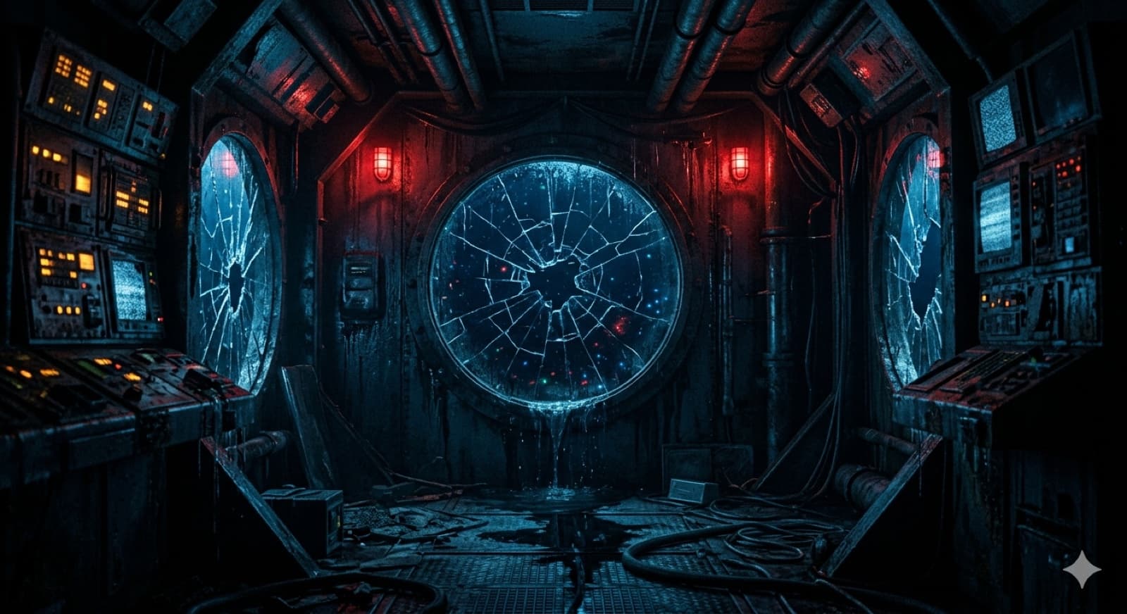 A breached deep-sea control room, alarms glowing in the dark