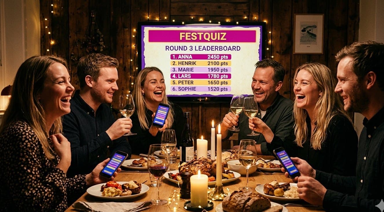 Friends at a cosy dinner laughing over a party quiz — the leaderboard on the TV, everyone on their phone.
