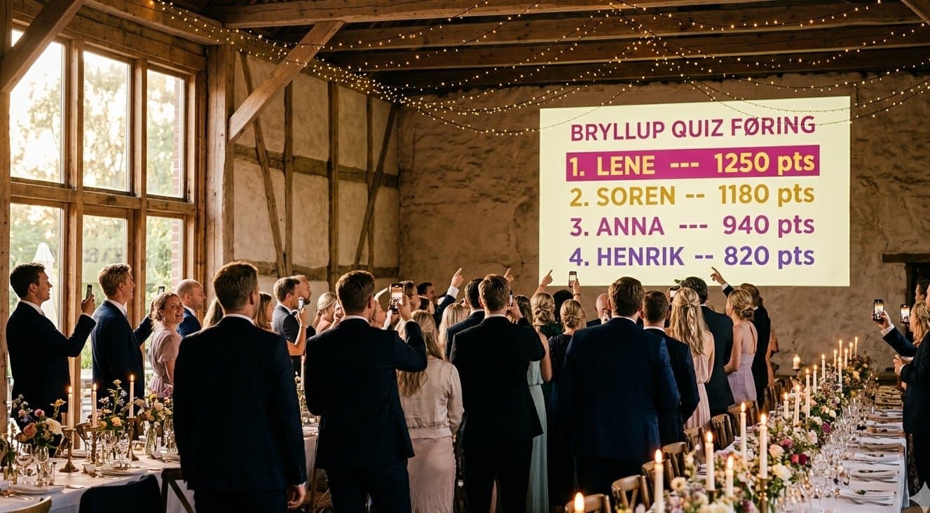Wedding guests playing a quiz — the standings projected on the wall as everyone cheers with phones raised.
