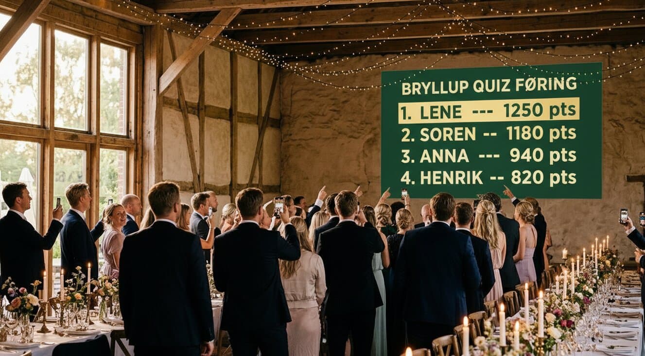 Wedding guests playing a quiz — the standings projected on the wall as everyone cheers with phones raised.