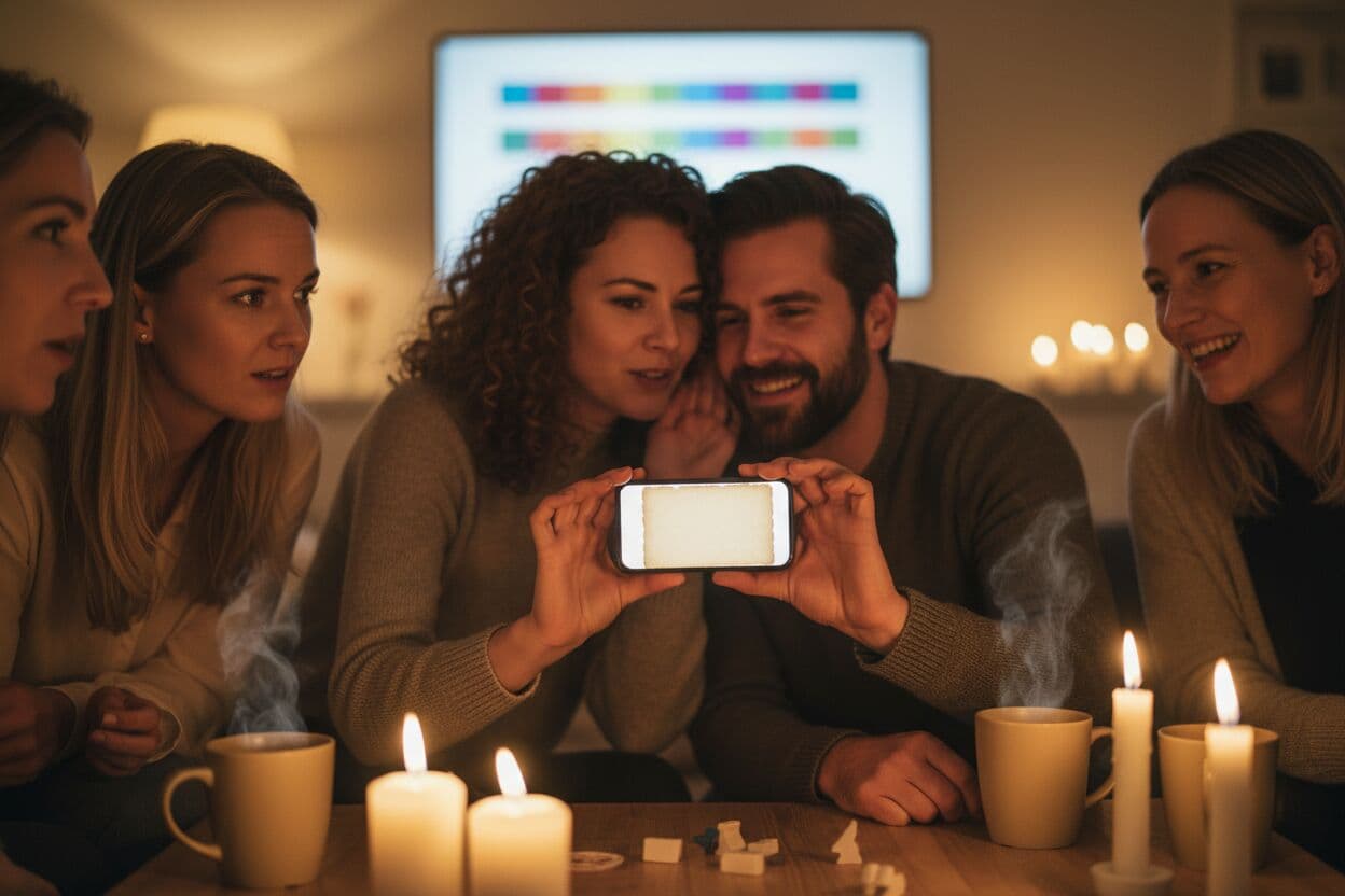 Two whisper behind a phone while a third listens suspiciously