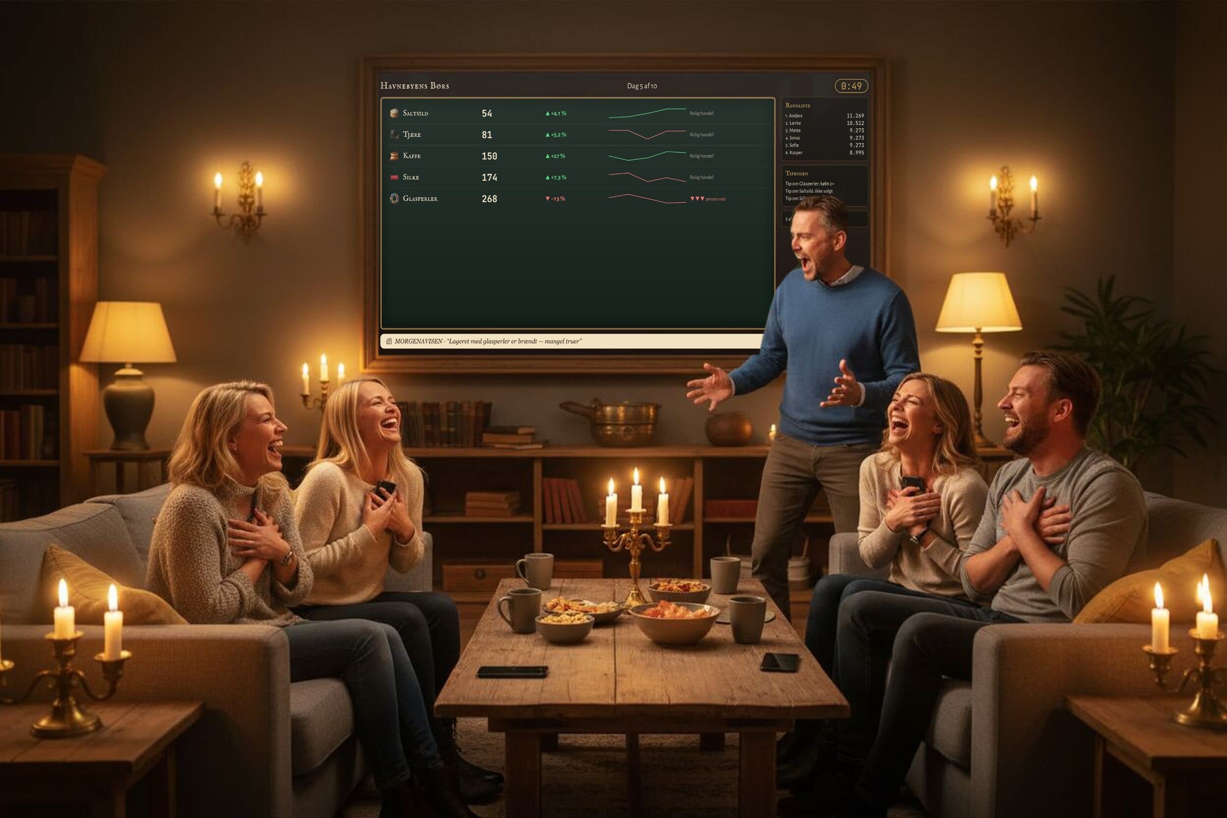 Friends on the sofa in front of The Exchange on the big screen — day 5 prices on the TV while one shouts a tip