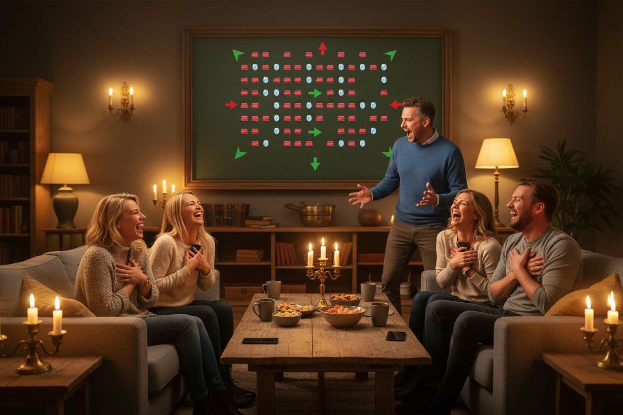 Friends on the sofa in front of The Exchange on the big screen — one points and shouts, two hide their phones