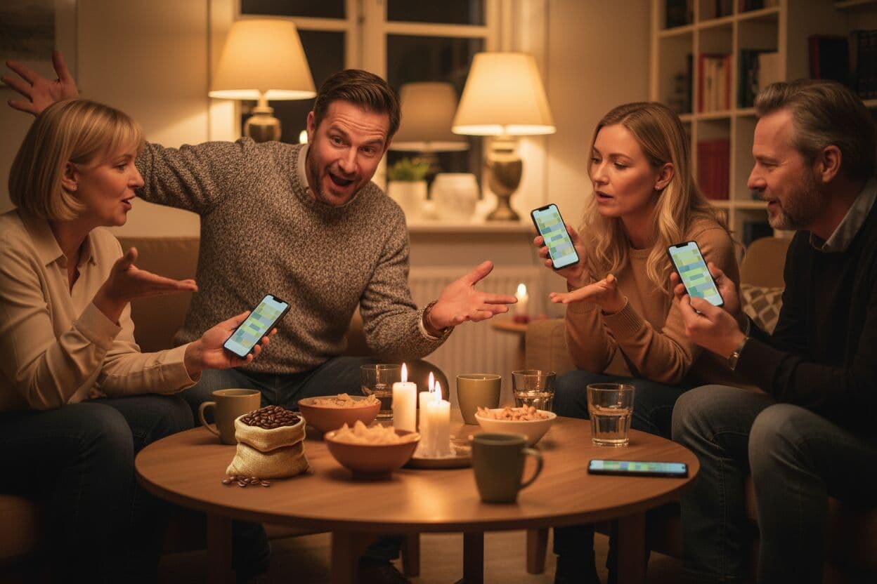 One player trades out loud while the others argue, phones in hand