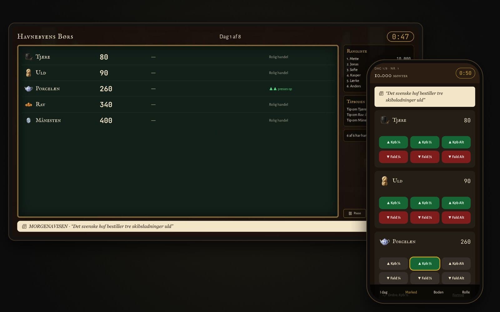 The big screen shows porcelain being pushed up while the phone has a Buy ½ order ready