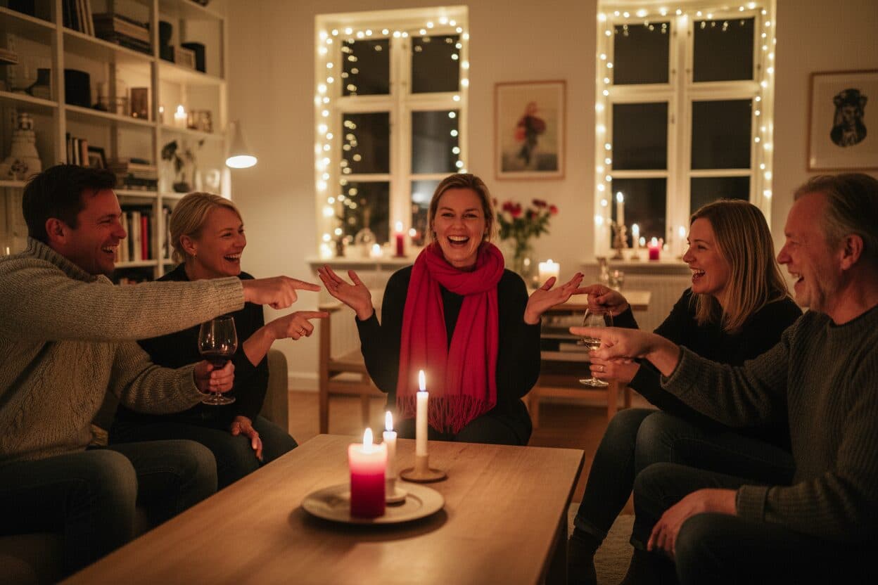 A group of friends point accusingly at one person who throws up their hands in mock innocence