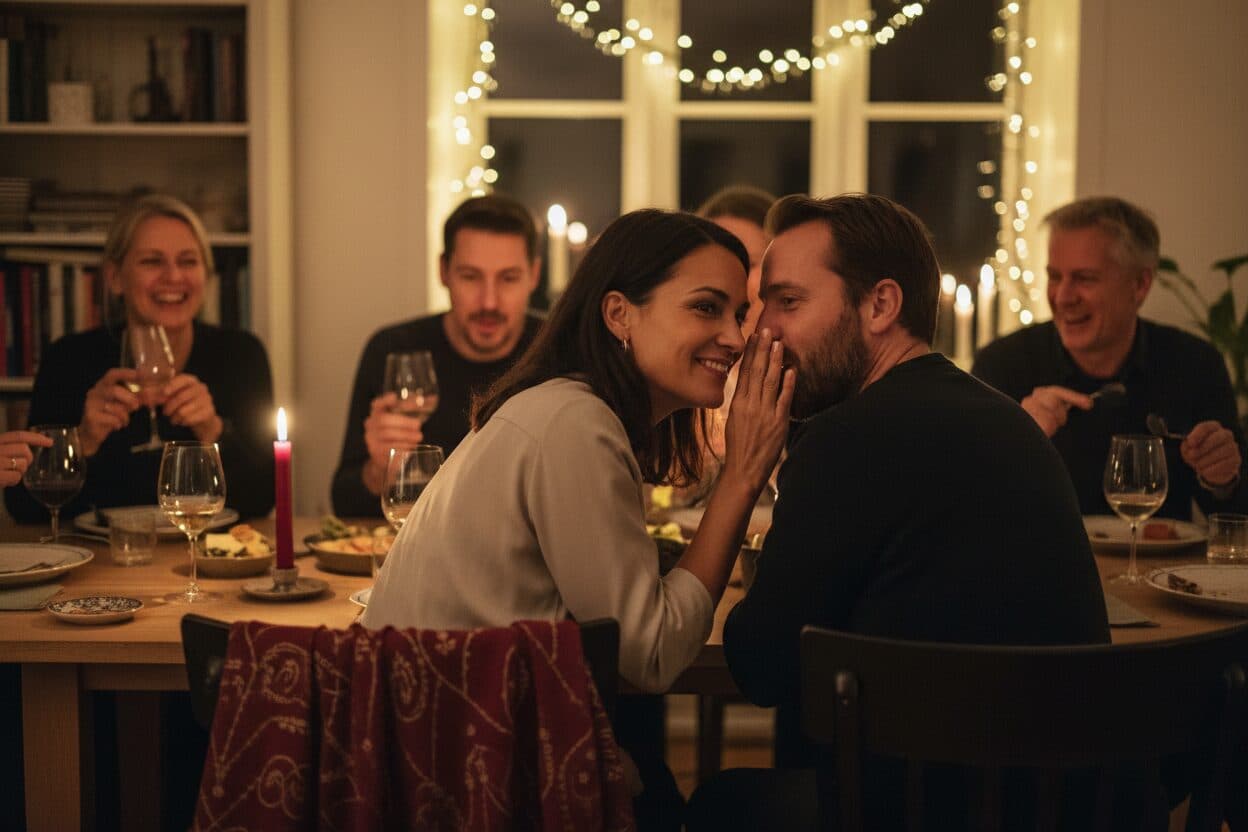 Guests around a party table at night — one whispers slyly in another's ear while the rest laugh