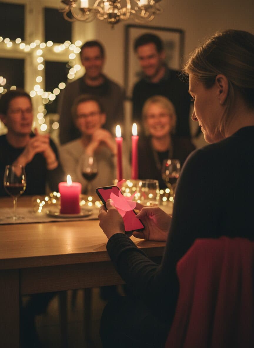 A guest shields their phone with a hand, the screen glowing dark red
