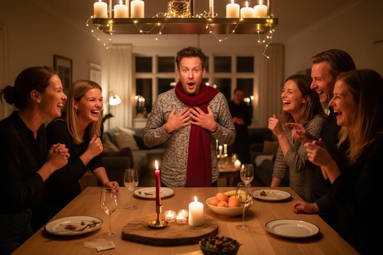 A guest clutches their chest in mock horror after being caught out while their friends laugh