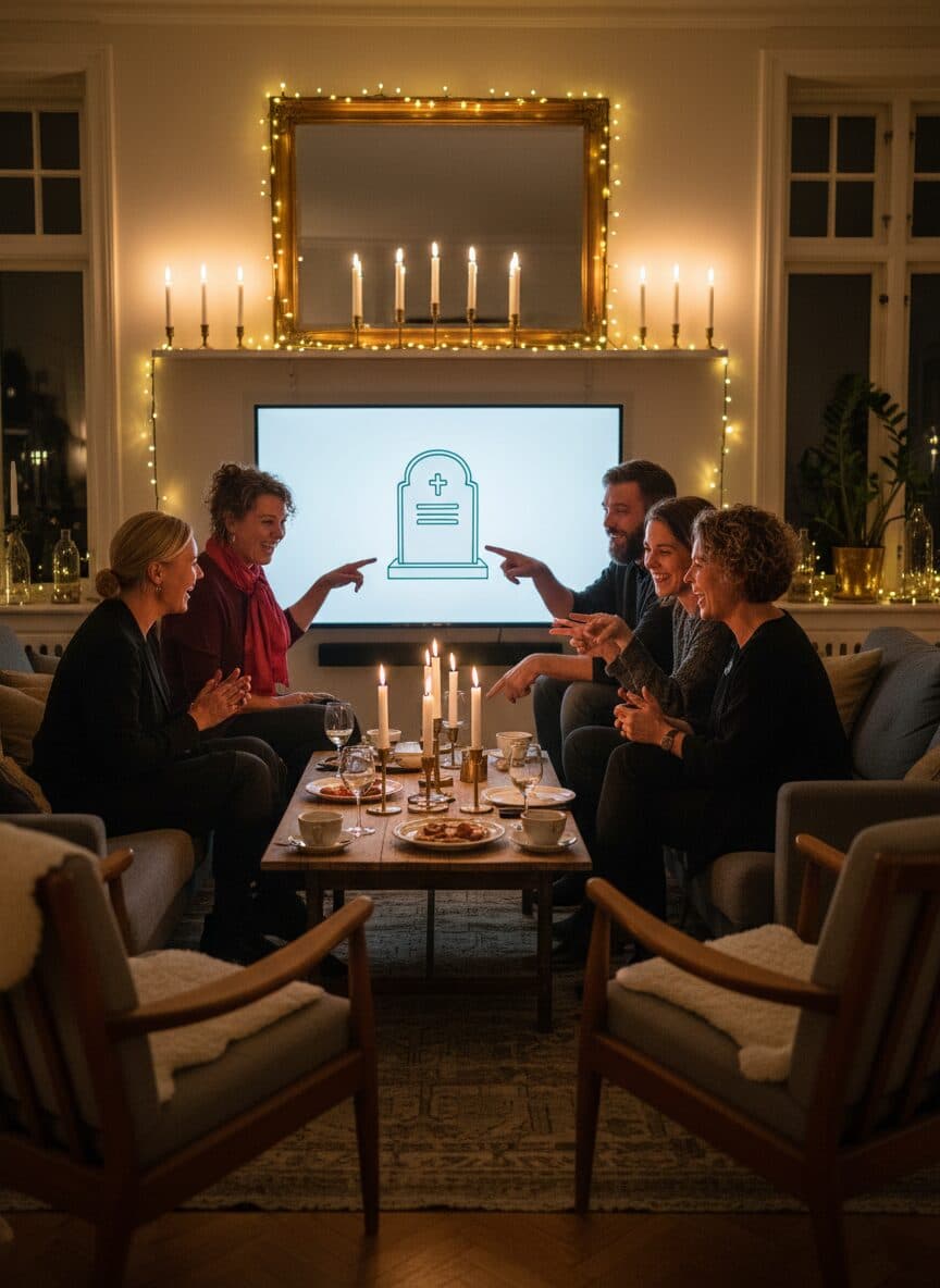 A big TV shows a grey tombstone while guests point and laugh