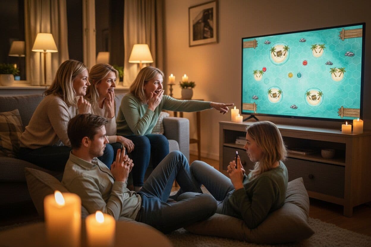 Friends in a cosy living room follow Treasure Sea on the big screen — one points while two hold their phones close