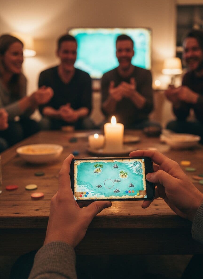 Hands hide a phone under the table edge, where a secret mine is marked on the sea map