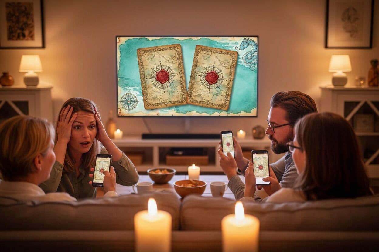 Two face-down cards on the big screen while the friends on the sofa hold their breath and guess on their phones