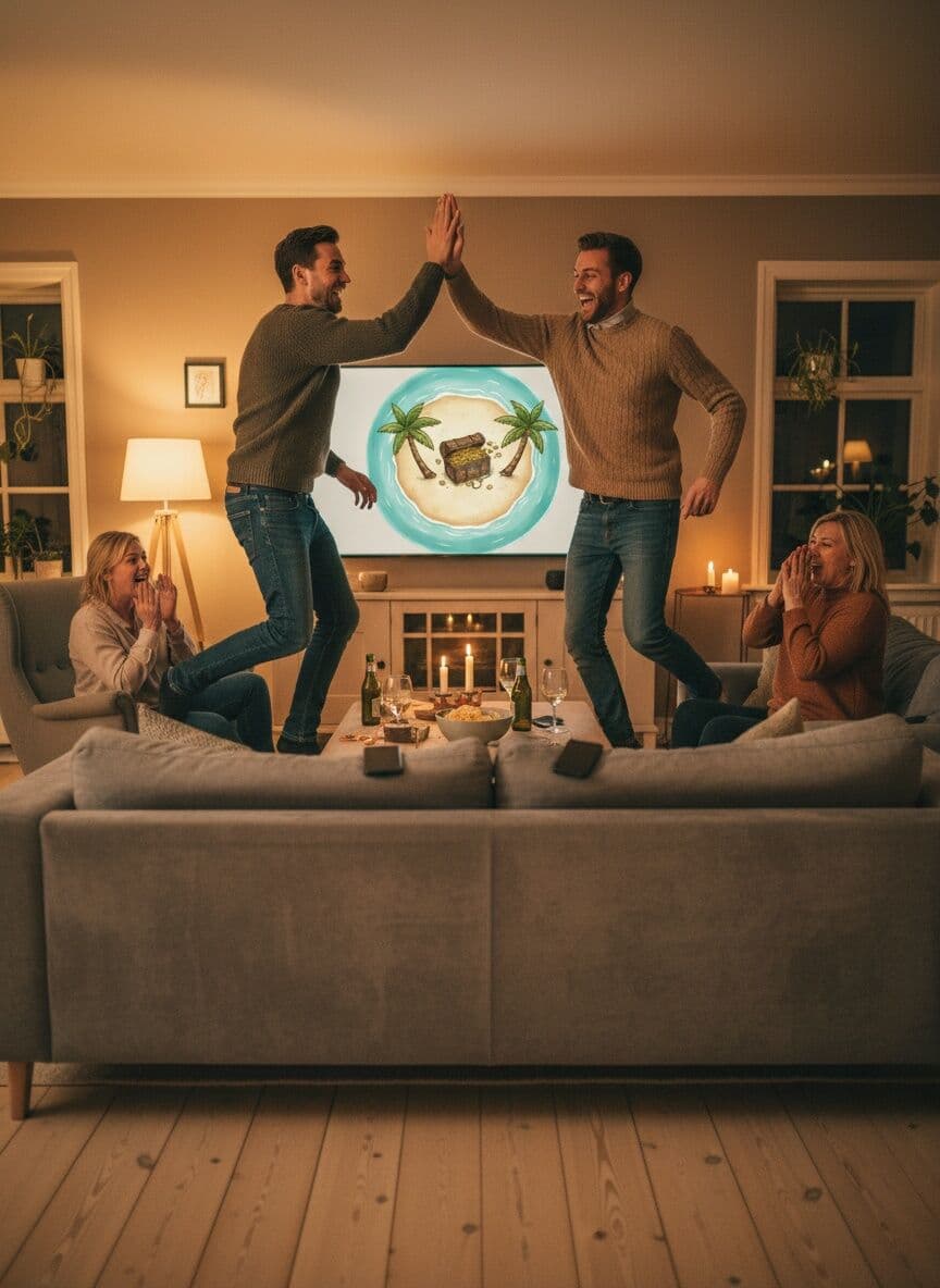 Two teammates high-five in front of the big screen showing a treasure island while the others laugh