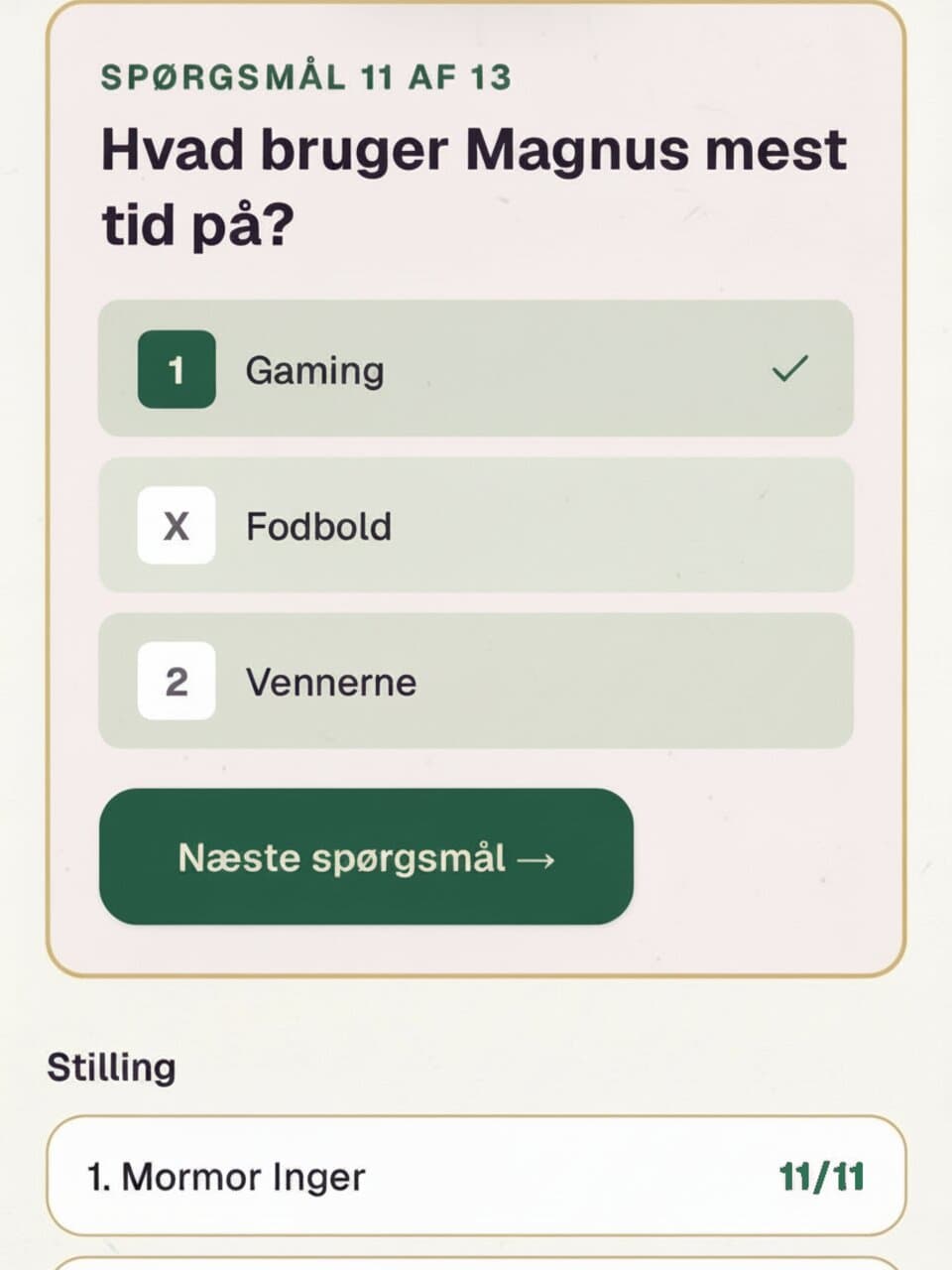 A quiz question about the guest of honour with 1/X/2 and the running standings