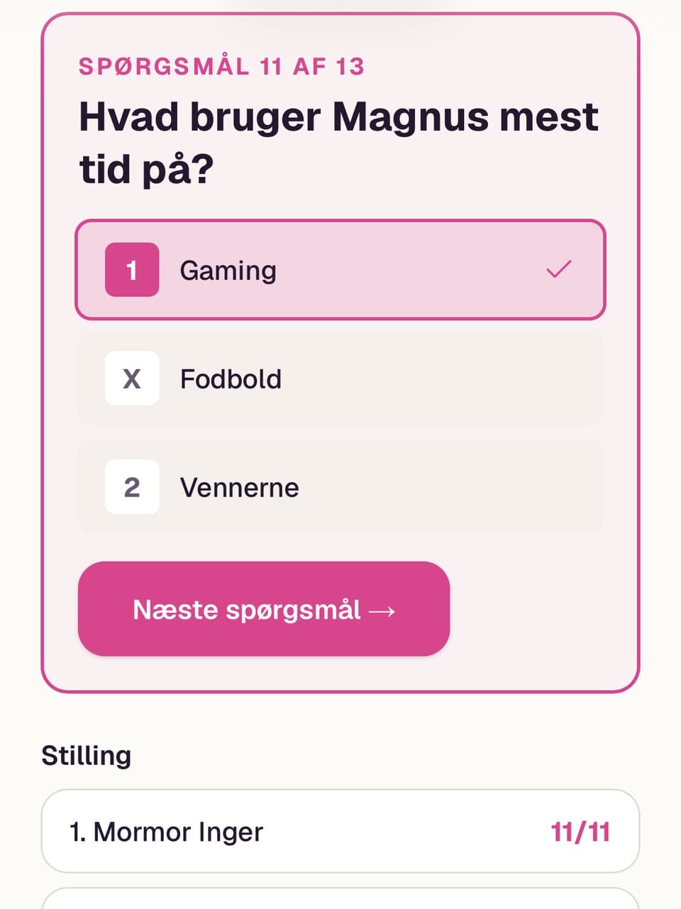 A quiz question about the guest of honour with 1/X/2 and the running standings
