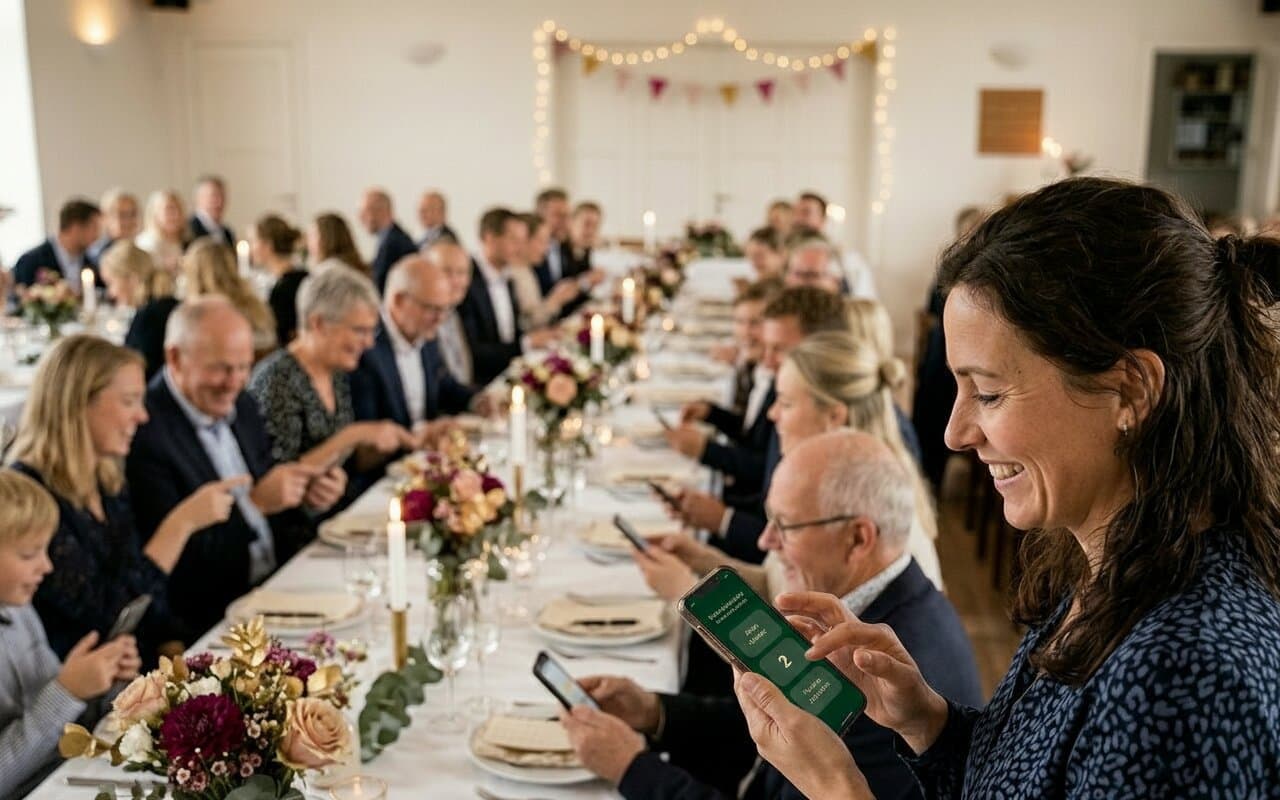 Guests at a confirmation answering the quiz on their phones at festive tables