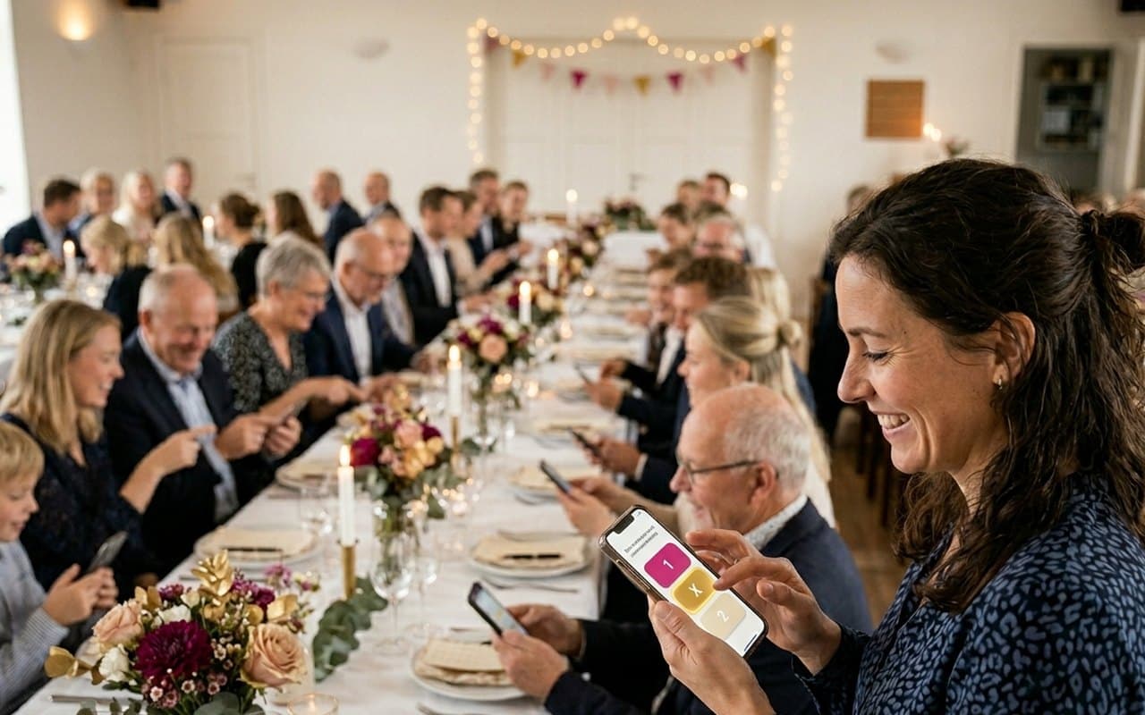 Guests at a confirmation answering the quiz on their phones at festive tables