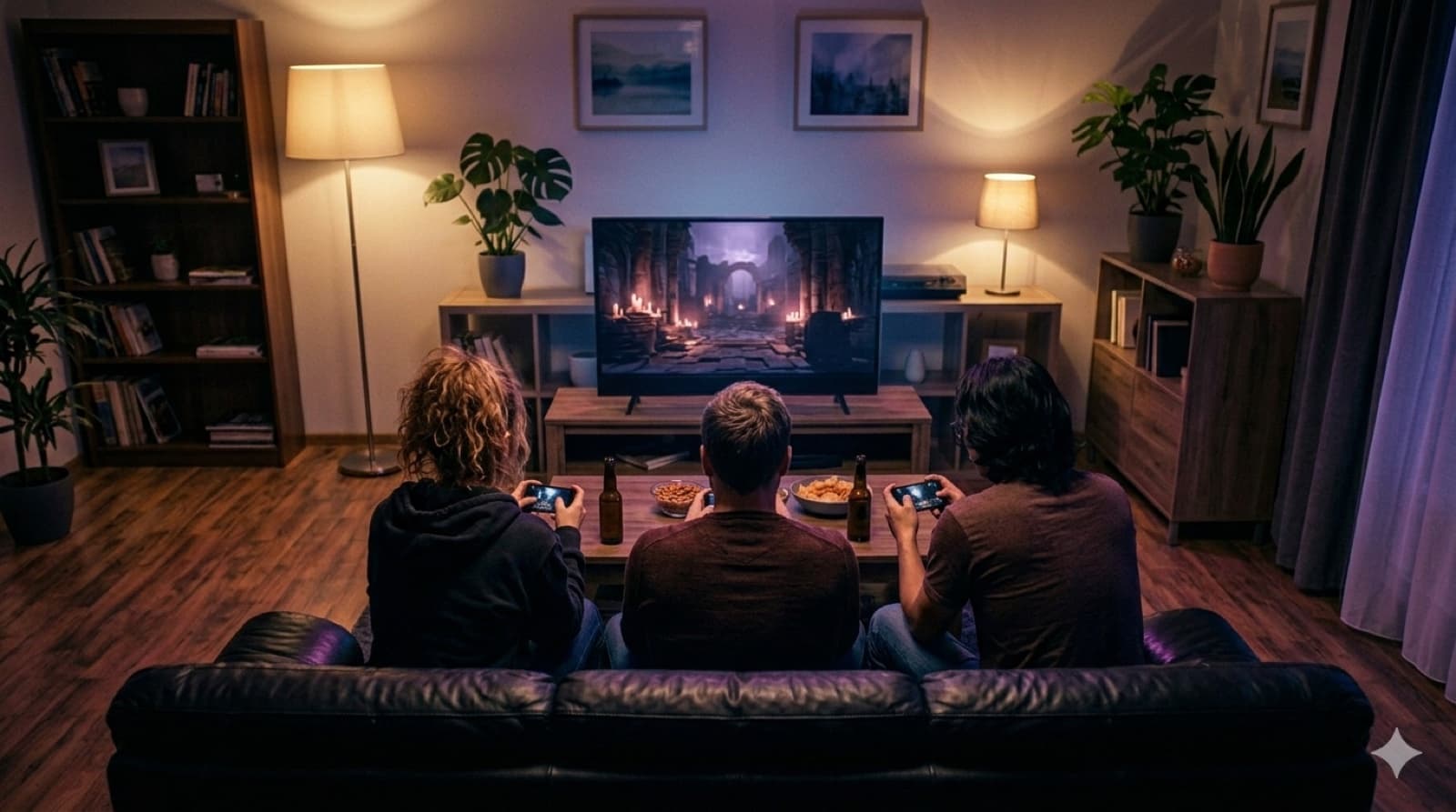 Friends on a sofa watching the game on the big screen at a game night