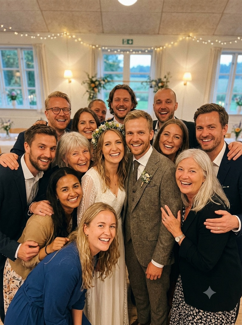 When the whole party squeezed in for one photo — and almost everyone looked the same way.